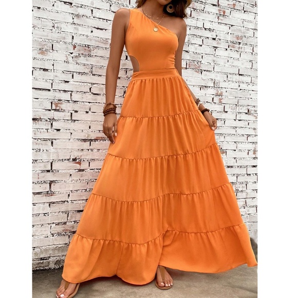 Vibrant One Shoulder Tie Back Stretchy Waist Maxi Dress - Picture 9 of 11